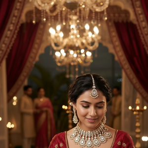 Ensemble collier choker, boucles d'oreilles et maang tikka en alliage vintage plaqué or de luxe, de haute qualité, avec perles et kundan, pour fiançailles et anniversaire - Product Image 3