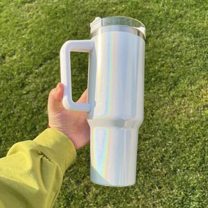 Gobelet isotherme en acier inoxydable 40oz, pailleté, vierge pour sublimation, couleurs holographiques irisées avec poignée pour impression par transfert thermique - Product Image 4