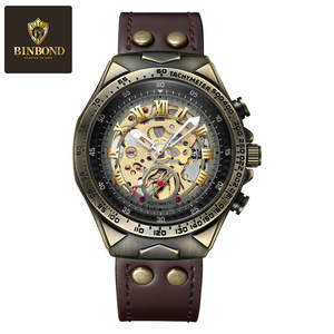 Binbang Retro Men's Bronze Automatic Mechanical Watch Tachymeter 30M Waterproof Leather Strap A275 - Product Image 4