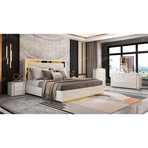 NOVA Lit Double en Bois Blanc Laqué de Luxe pour Adulte, Ensemble de Chambre King Size ou Queen Size <span class=keywords><strong>avec</strong></span> Table de Chevet, Commode et Armoire - Product Image 1