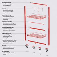 Chariot utilitaire mobile rouge à 3 niveaux avec étagères en treillis métallique, crochets en S et roulettes pivotantes pour atelier