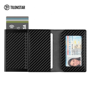 TILONSTAR TVC316 Customizable Carbon Fiber Credit Card Wallet Aluminum Pop up Carteras Leather <b>ID</b> Card <b>Holder</b> - Product Image 6