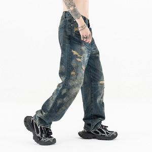 Jeans droits décontractés pour hommes <span class=keywords><strong>24AW</strong></span> Denim lavé Advanced Sense Erosion Cut Old Loose Mid Waist Solid pour l'automne - Product Image 1