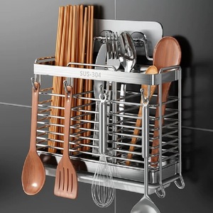 304 Stainless Steel Wall Mount Chopstick Holder <b>Kitchen</b> Organizer Multi Function <b>Storage</b> Rack For Utensils - Product Image 1