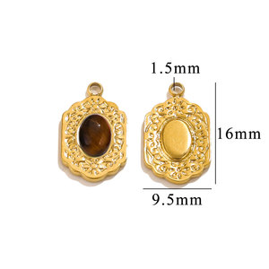 Pendentif ovale vintage en pierre naturelle |   Cadre en acier inoxydable doré PVD et motif floral pour la fabrication de bijoux |   Hypoallergénique et durable - Product Image 3