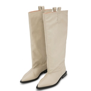 Size 44 Loose Upper Shoes Leather Flat Heels Pointed Toe Slouchy Long <b>Boots</b> Women's Wide Fit Knee High Booties - Product Image 2