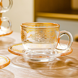 Transparent Gold Painted Glass <b>Tea</b> <b>Cup</b> <b>Set</b> With Saucers For Afternoon <b>Tea</b> And Coffee Serving Adult Use - Product Image 2