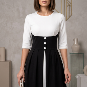 Robe midi élégante bicolore avec détails boutonnés, manches trois-quarts, coupe trapèze ajustée, pour le bureau, vente en gros, OEM ODM - Product Image 4