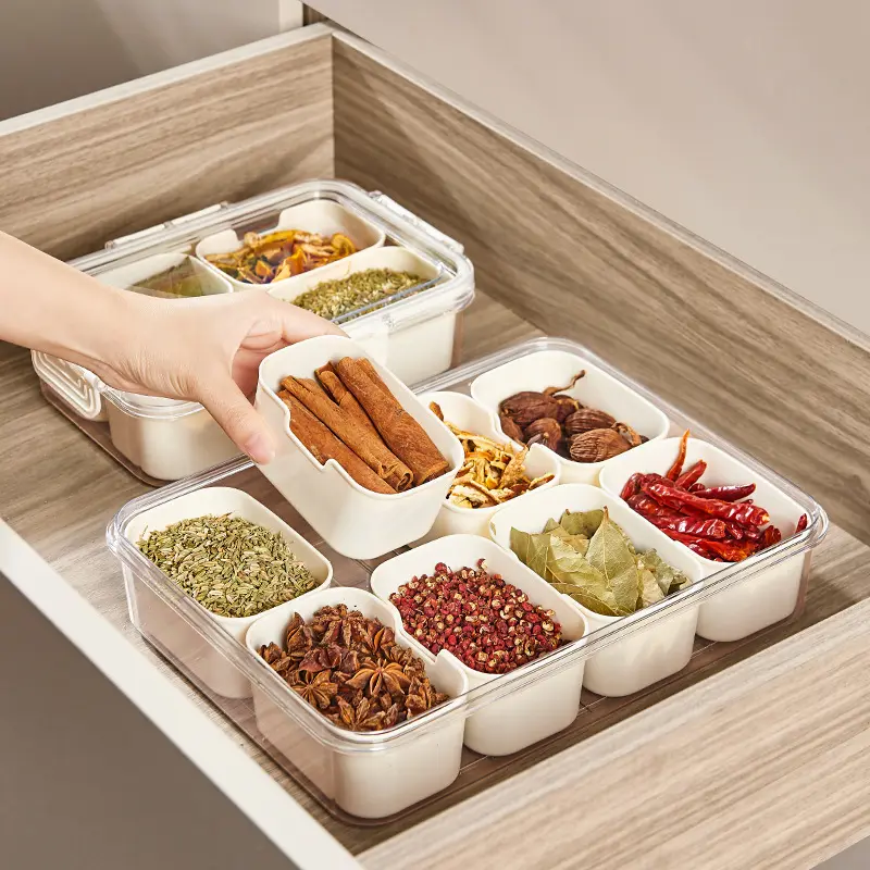 Mutfak taşınabilir plastik baharat saklama kabı aperatif saklama kutusu Snackle kutusu temizle bölünmüş hizmet tepsi kapaklı ve kolu