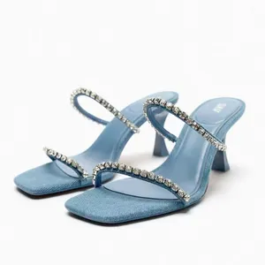 H158-592 ZA 2023 été nouveau Style Denim cristal Banquet talons pour femmes strass élégant sandales à talons