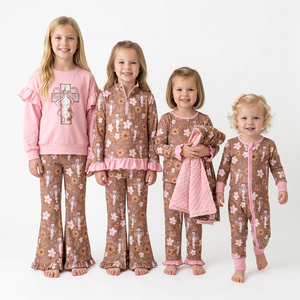 Wholesale Spring Baby Kids Girls He is <b>Risen</b> Floral Cross Print Long Sleeve 2Pcs Sets & Romper Boutique Casual Easter Outfits - Product Image 1
