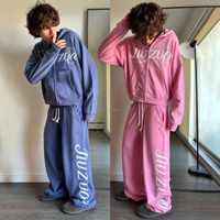 Ensemble de survêtement unisexe streetwear personnalisable avec logo, sweat-shirt zippé coupe ample et pantalon de jogging grande taille délavé à l'acide, style oversize