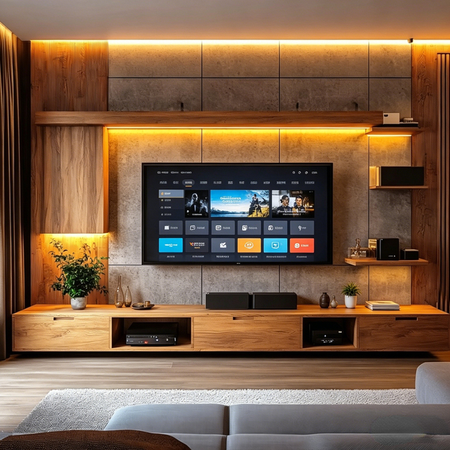 Sleek Modern Floating TV Cabinet, Natural Wood Grain Texture, Custom Wall Mounted Media Unit for Living Room