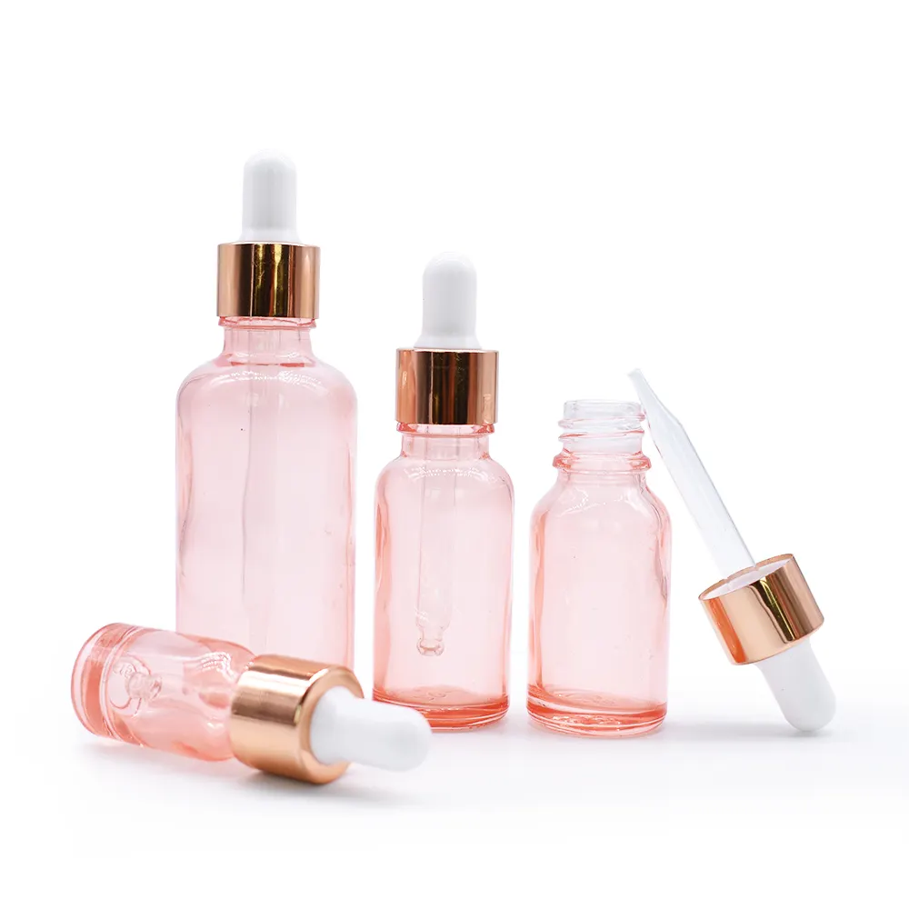 Round oil pink serum glass 2oz 30ml 100ml eye rose gold dropper glass bottle pink dropper bottle for cosmetic