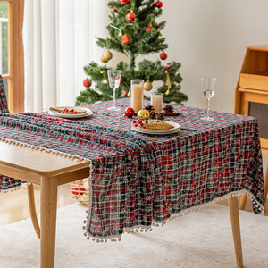 Christmas Plaid <b>Tablecloth</b> Rectangular Embroidered Snowflake Pattern Polyester Home Decor Pom Pom Edges - Product Image 3