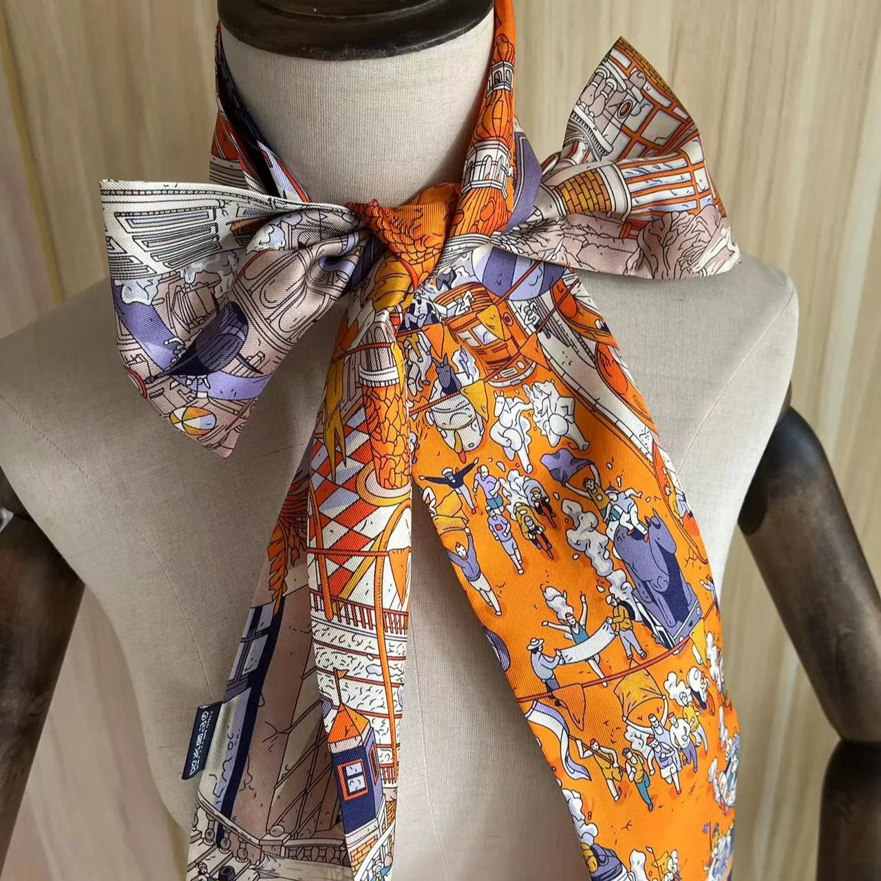 100% silk orange brand design printed neck scarf real silk twill hand made roll long scarf bag band for women