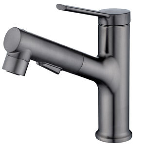 Keran Wastafel Tarik Turun Satu Lubang Modern Warna Abu-abu untuk Kamar Mandi, Terbuat dari Kuningan & Tembaga, Pegangan Tunggal, Laris Terjual - Product Image 1