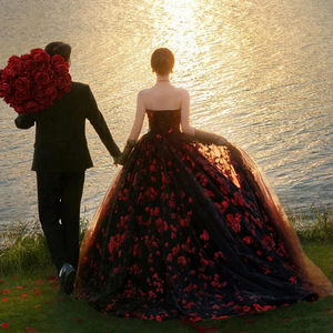 Strapless Black Ball Gown Tulle Floral Print Wedding Dress For Evening Banquet Stage Performance Emcee - Product Image 4