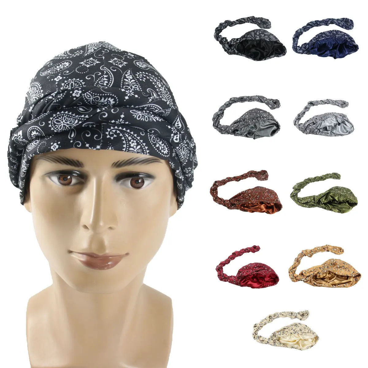 HZM-23179 Tùy Chỉnh Paisley Turban Cho Nam Giới Satin Lót Tua Bin Durags Cổ Điển Pre-Gắn Bện Đầu Kết Thúc Tốt Đẹp Khăn Cho Tóc