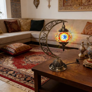 Lampe de table en verre mosaïque turque marocaine, forme de croissant de lune, en fer et laiton filigrané, avec LED, pour lecture, idéale pour la maison, le bar, l'hôtel, la table de chevet - Product Image 1