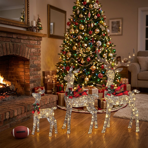 Ensemble de figurines lumineuses de Noël en forme de rennes avec écharpe à carreaux, décoration en métal 3D pour la maison, décoration de Noël pour l'intérieur - Product Image 1