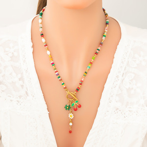 Collier en acier inoxydable avec pendentif fleur de fraise, chaîne perlée colorée pour femmes, bijoux à la mode - Product Image 3