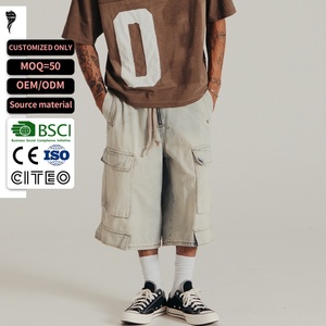 Pantalones Cortos Cargo de Mezclilla para Hombre, Lavado Claro, con Cordón en la Cintura, Múltiples Bolsillos, Holgados, Largos hasta la Rodilla, Estilo Urbano - Product Image 1