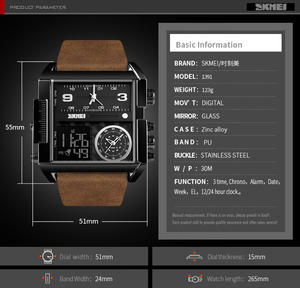 Montres-bracelets numériques à quartz de luxe pour hommes <span class=keywords><strong>SKMEI</strong></span> <span class=keywords><strong>1391</strong></span> et 1584, affichage de l'heure en trois fuseaux horaires, chronographe, style professionnel, bracelet en cuir, deux tailles - Product Image 4