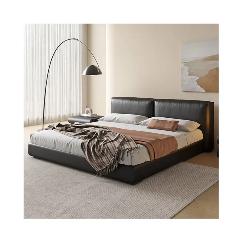 Modern Hout Zwart Dubbel Bed Frame Italiaanse Kingsize Luxe Bed Kamer Echt Lederen Queen Gestoffeerde Slaapkamer Meubelset