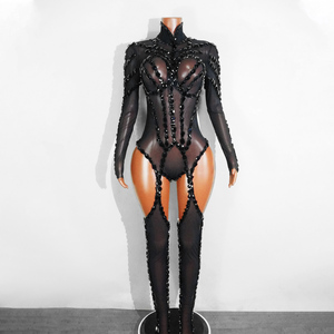 Combinaison Sexy Noire à Jarretelles en Cristal - Tenue Gothique pour Spectacles Scéniques, Danseuses Gogo, Vidéos Musicales, Raves, Festivals et Clubs - Product Image 2