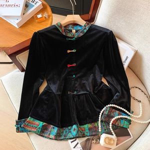 Chinese Style Stand-Up Collar Velvet Cardigan Women Long Sleeve Splicing Color Blocking Chinoiserie Top Spring Autumn Fashion - Product Image 3