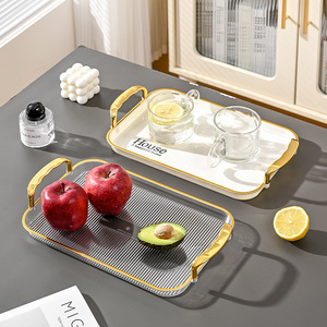 Serving <b>Tray</b> With Handles Striped <b>Plastic</b> Transparent For Fruit Tea Coffee Cosmetic Storage Household Use - Product Image 1