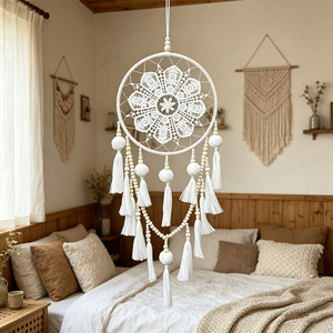 Atrapasueños Redondo de Poliéster Blanco con Borlas, Estilo Campestre, Tejido a Mano, Decoración para Colgar en la Pared - Product Image 3
