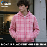 Sweat à capuche rose pour homme en mohair duveteux 420 GSM, motif écossais, bordure côtelée, fermeture éclair, poches obliques, pour un streetwear doux et luxueux