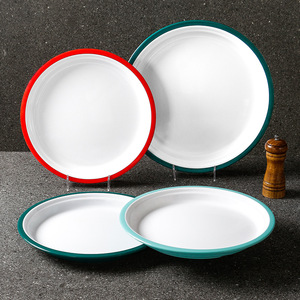 จานเมลามีนทรงกลมสีขาวขอบแดงและสีเขียวอมฟ้าสำหรับร้านอาหาร - Product Image 1