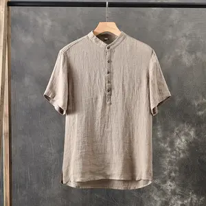 Camisa de linho casual solta de alta qualidade para homens, cor sólida, manga curta, camisas de verão