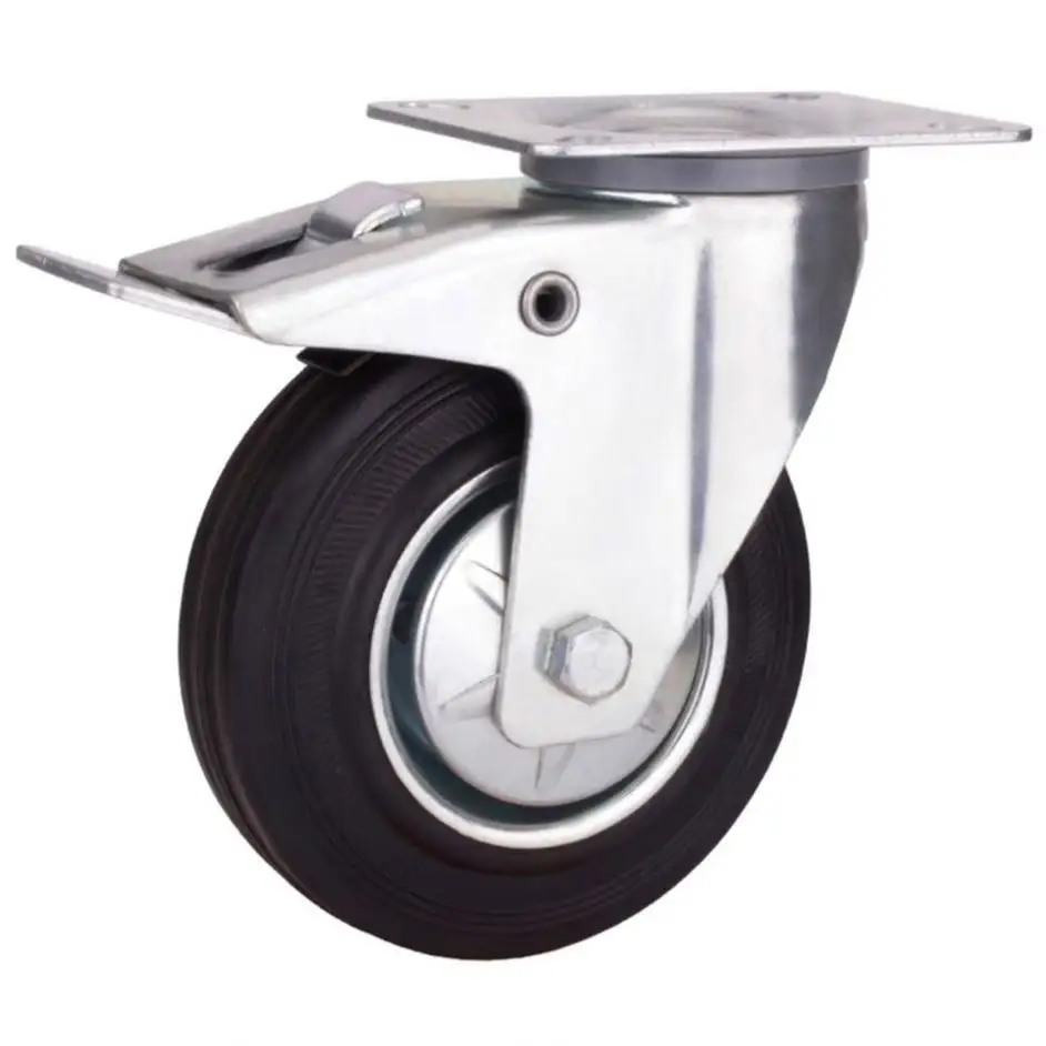 6 Inch Black Rubber Iron Swivel Top Plate With Metal Dust Proof Cover Lockable Trolley Cart Caster Wheel