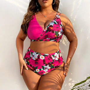 OEM de talla grande Sexy Color sólido estampados cuello en V Cruz arrugas Halter dos piezas Bikini ropa de playa traje de baño mujeres traje de baño de alta cintura - Product Image 5