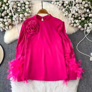 Camicia di alta qualità in raso per le donne stile francese luce di lusso elegante lanterna a fiori maniche larghe e sottili <span class=keywords><strong>top</strong></span> con <span class=keywords><strong>piume</strong></span> - Product Image 2