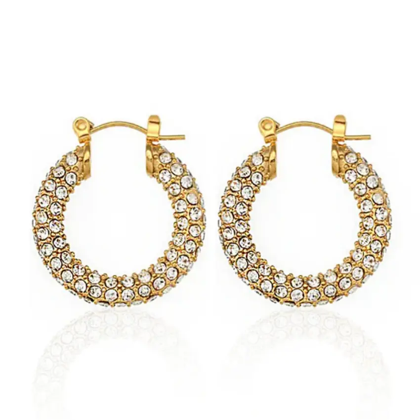 Luxo Gold Plated Setting Full Diamond Zircon Hoop Earrings Aço Inoxidável Jóias Moda Jóias Brincos Para As Mulheres