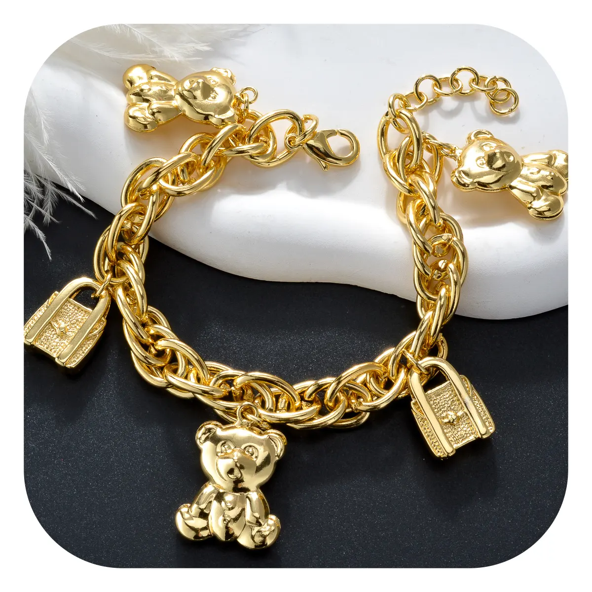 NOVO Chegou atacado Urso e Bloqueio 14k Banhado A Ouro Link Cadeia Charm Bracelet