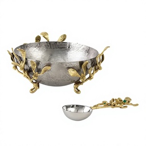 Handmade Silver <b>Metal</b> <b>Bowl</b> with Gold Leaf Branch Stand and Matching Spoon Modern Luxury Food Serving <b>Bowls</b> For Dinnerware Use - Product Image 1