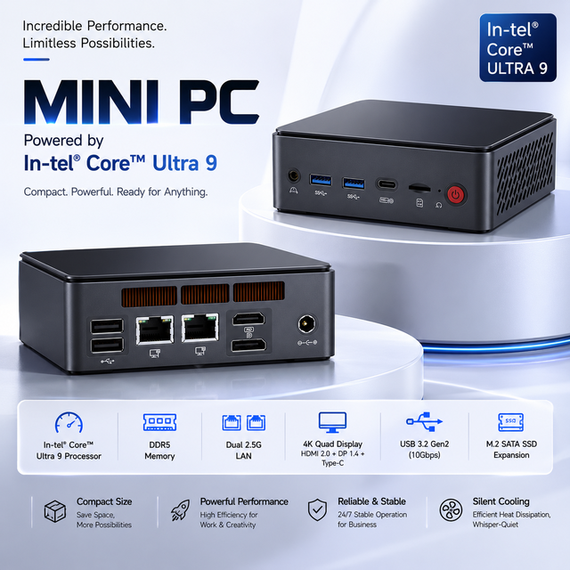 In-tel Core Ultra 9 185H Support DDR5 48GB 5600Mhz M.2 NVME SSD Integrated ARC Graphics for AI Gaming Mini PC