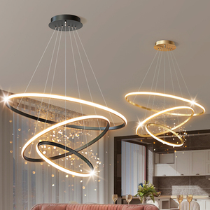 Lámpara Colgante Moderna de Acrílico con LED Dorado, 3 Anillos, Altura Ajustable, Regulable con Control Remoto, para Sala de Estar - Product Image 1
