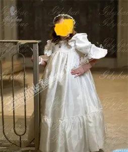 Abiti da ragazza fiore a vita alta in raso avorio con volant sorella della <span class=keywords><strong>sposa</strong></span> per costumi da principessa per feste di compleanno - Product Image 3