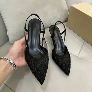 Escarpins à bout pointu pour femmes, talons aiguilles sexy en maille ornée de strass, sandales scintillantes perlées pour soirées et robes de soirée, noirs - Product Image 1