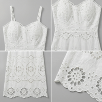 Robe de soirée élégante pour femme, design original, blanche, broderie anglaise, bretelles spaghetti, découpes florales, longueur midi, luxe, sur mesure