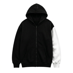 Sudadera Unisex Negra con Capucha y Cremallera, Forro Polar, Manga Raglán, Ajuste Regular, Estilo Casual Urbano, Ropa de Invierno, Bolsillo con Bloques de Color - Product Image 1