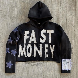 เสื้อฮู้ดดี้ปักลายปะติดแบบดิสเทรส ตัดเย็บขอบดิบ ซิปหน้า ผ้าหนา 400gsm ล้างสีแบบแอซิดวอช สไตล์สตรีทแวร์ฤดูหนาวคุณภาพสูง - Product Image 4