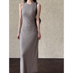 2025 buena calidad mujeres verano sin mangas Plaid vestido largo cuello redondo ajustado ceñido elegante Maxi vestido Vestidos ropa - Product Image 6
